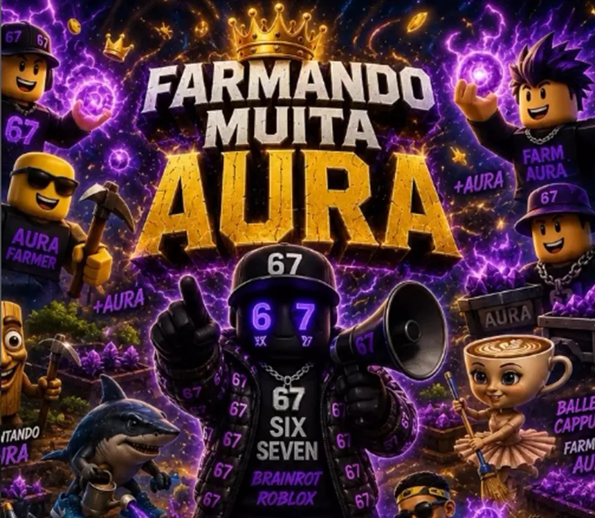 Arte Farmando muita Aura com elementos roxos e dourados