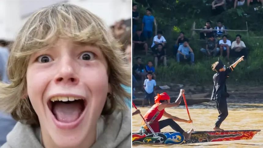 Jovem celebrando apresentação de aura em canoa